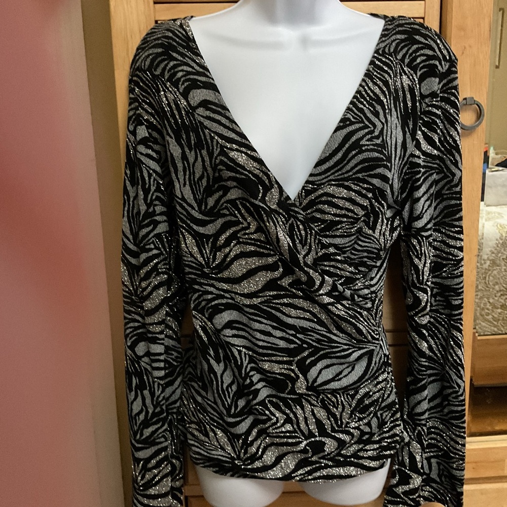 Cache Black and Silver Zebra Print V-Neck Blouse